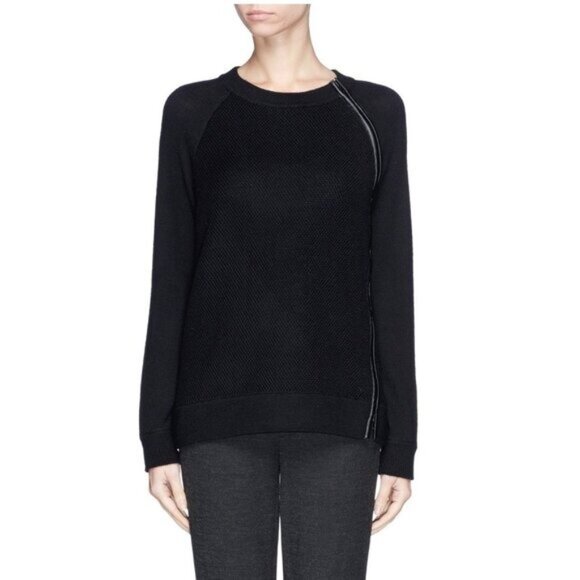 Vince Leather Trim Zip Textured Knit Sweater in Black - S - Picture 1 of 6
